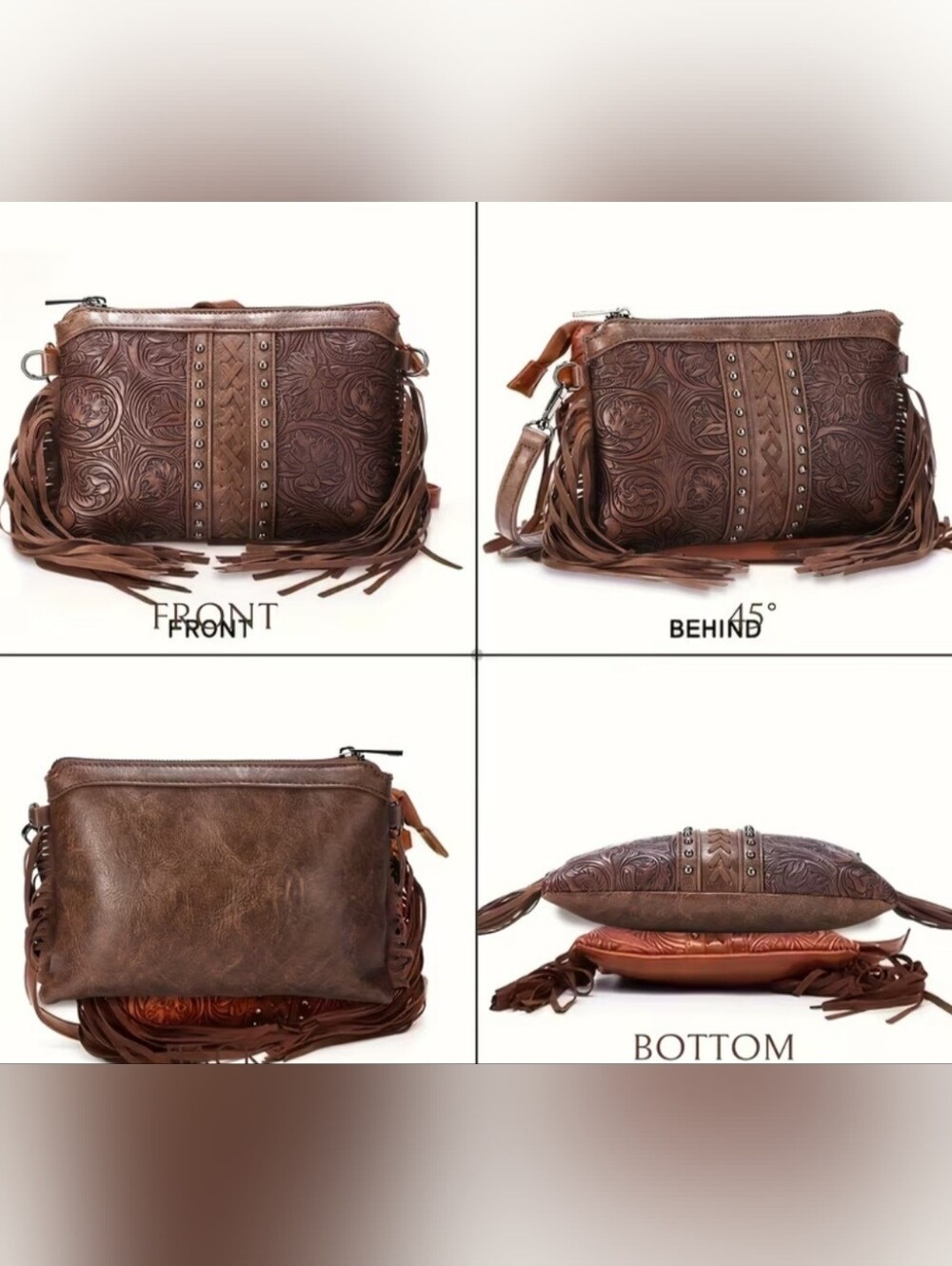NEW! Hand-Tooled Western Crossbody Bag with Fringe - Picture 3 of 6